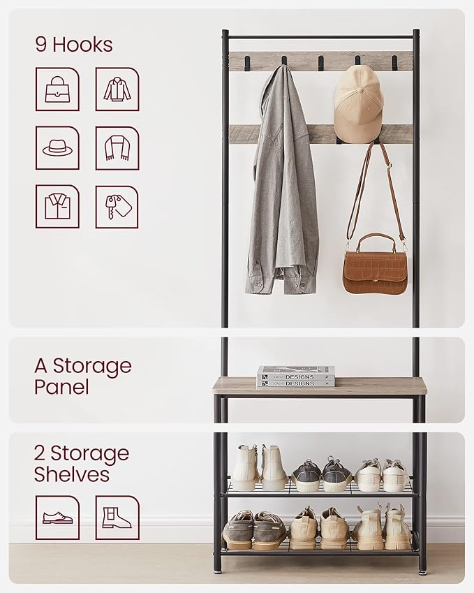 VASAGLE Coat Rack, Hall Tree with Shoe Storage Bench, Entryway Bench with Shoe Storage, 3-in-1, Steel Frame, for Entryway, 12.6 x 27.6 x 68.9 Inches, Industrial, Greige and Black UHSR41MB