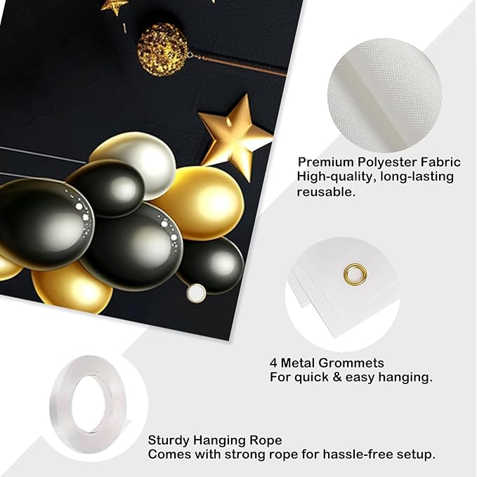 Nuxovilar Happy Birthday Banner Decorations 17.72x78.74 Inch Black Gold Crown Theme - Polyester for Indoor Outdoor Birthday Party Decor