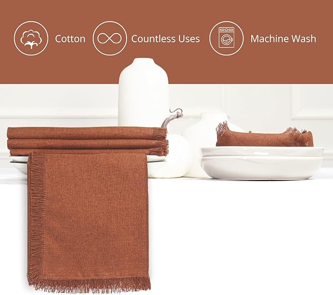 PurpleEssences Rust Cloth Napkins with Fringes, 100% Cotton Christmas Holiday Winter Table Decor, Set of 6 18x18 Inch Reusable Dinner Napkins for Parties and Weddings - Rust