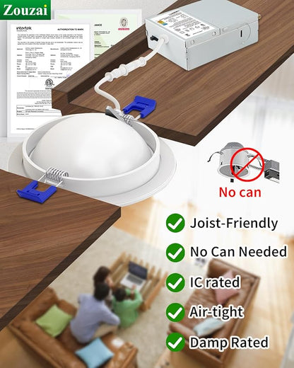 zouzai Classic 4 inch 5CCT Gimbal LED Recessed Light, 360°+90° Adjustable Directional Retrofit Eyeball Can Light with J-Box, Dimmable 2700K/3000K/3500K/4000K/5000K, ETL Certified (White, 1 Pack)