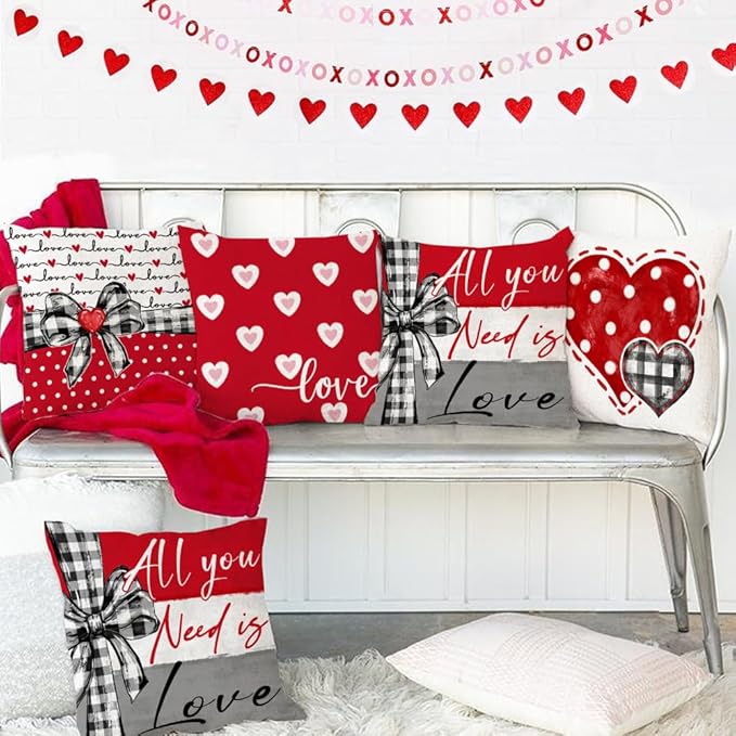 GEEORY Valentine's Day Pillow Covers 18 x 18 Inch Set of 4, Valentines Decor Polka Dots Red Hearts Love Bowknot Decorative Pillowcases for Home Sofa Couch Cushion Decoration G442-18