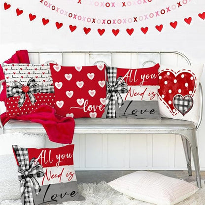 GEEORY Valentine's Day Pillow Covers 18 x 18 Inch Set of 4, Valentines Decor Polka Dots Red Hearts Love Bowknot Decorative Pillowcases for Home Sofa Couch Cushion Decoration G442-18