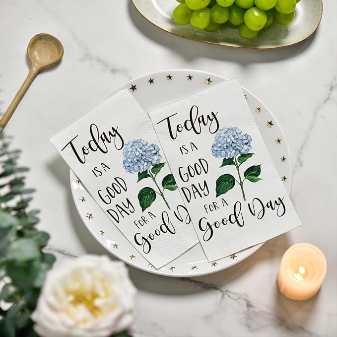 Horaldaily 50 Disposable Paper Decorative Guest Napkins, Blue Hydrangea Good Day Celebration Hand Towel for Party Lunch Dinner Kitchen Bathroom