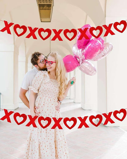 LHOAVWE 4 Pack Felt Red & Pink XOXO Heart Garland Banners, Valentines Day & Wedding Decorations, 3m/10ft Each, 5XO per Garland, Includes Ribbon Roll