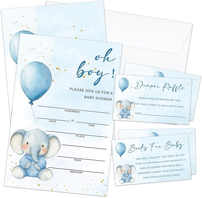 Blue Elephant Baby Shower Invitations for Boy, Boy Baby Shower Invites with Envelopes, Set of 25 Gender Reveal Invites Cards with Envelopes & Book Request Cards & Diaper Raffle Tickets -08