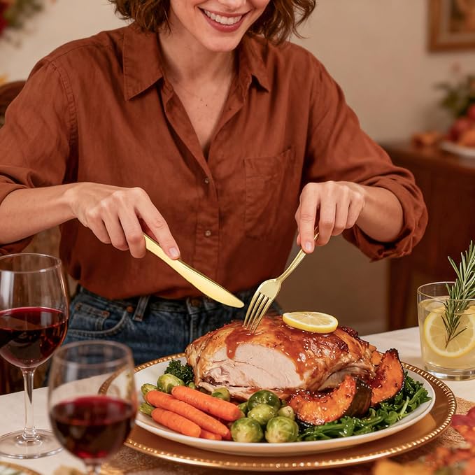 WDF 160 Piece Gold Plastic Silverware - Heavy Duty Gold Silverware Includes 80 Forks, 40 Spoons, 40 Knives, Plastic Utensils Perfect for Wedding, Thanksgiving Party