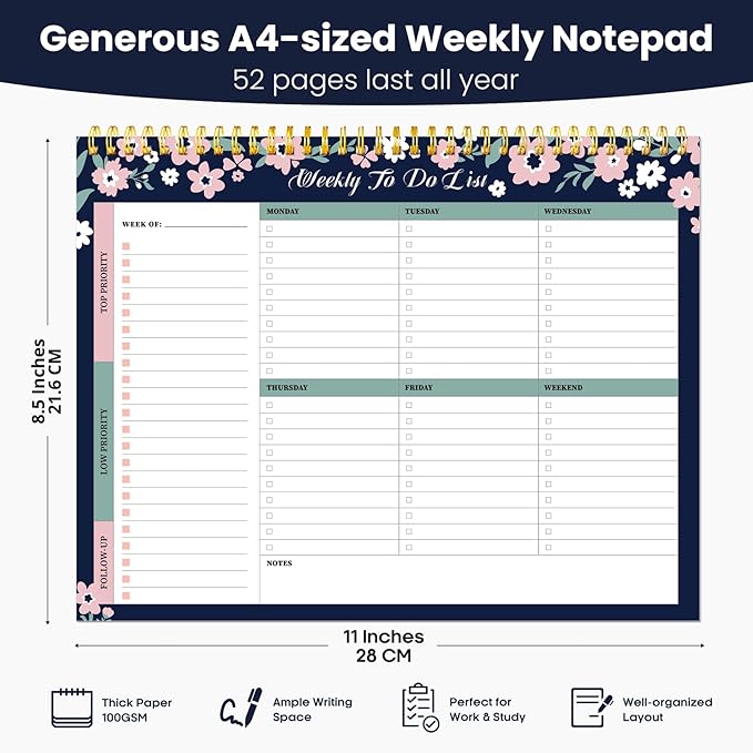 Weekly To Do List Notepad with 52 Undated Sheets（8.5"×11"）- Undated Weekly Planner Notepad for Office Desk Accessories and Supplies - Navy Blossom