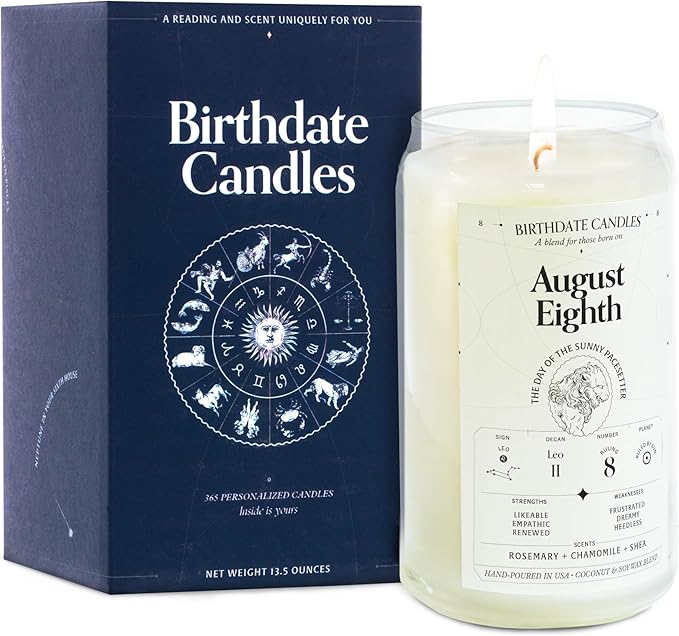 Birthdate Candles, August 8 - Leo Zodiac Scented Candles Birthday Gift - Rosemary, Chamomile & Shea Scent - All-Natural Soy & Coconut Wax, 60-80 Hour Burn Time - Made in USA