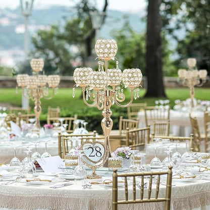 Set of 4 Candlesticks 5 Arm Crystal Strap Pendant Gold Table Decor Candelabra, 22.5 inches Elegant Dining Room Centerpieces for Holiday Parties Weddings (4, Gold)