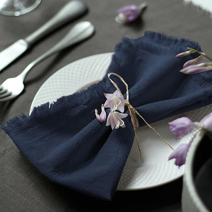 Handmade Cloth Napkins 100% Cotton Napkins with Fringe，Delicate Handmade Cloth Napkins for Dinners, Parties, Weddings and More，18 x 18 Inch Set of 4 - Navy Blue