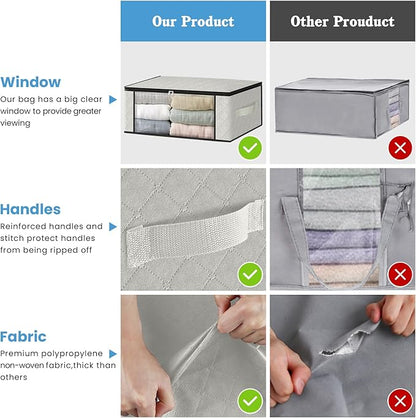 HomeHacks Storage 4-Pack Clothes Organizer Storage Bags Foldable Storage Box with Large Clear Window Sturdy Handles for Closet, Dorm, Pillows, Bedding, Clothes, Blankets, 35L, Ivory