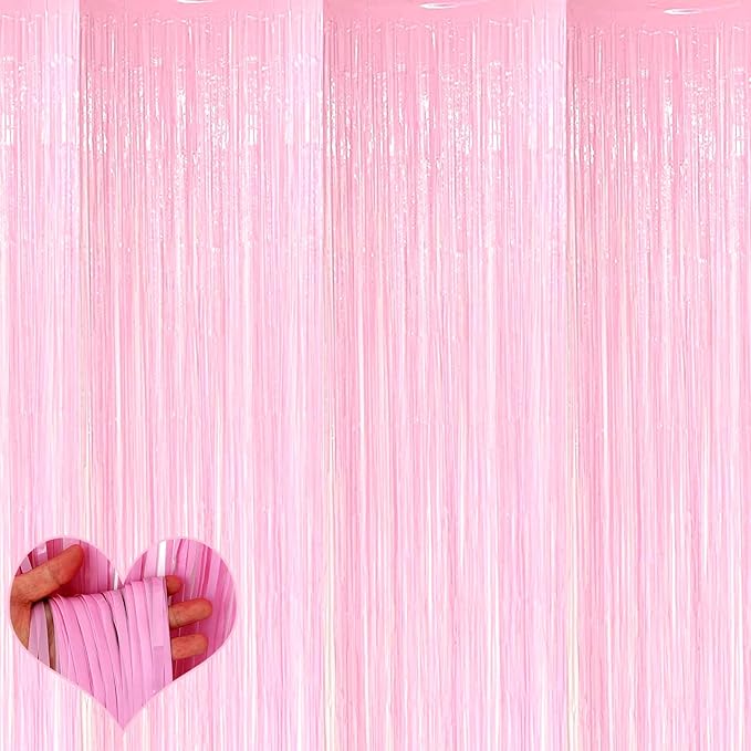 4 Pack Fringe Curtain Backdrop, 3.2Ft x 8.2Ft Pink Metallic Tinsel Foil Fringe Streamers Background for Photo Booth Birthday Wedding Baby Shower Carnival Easter Mother’s Day Party Decorations