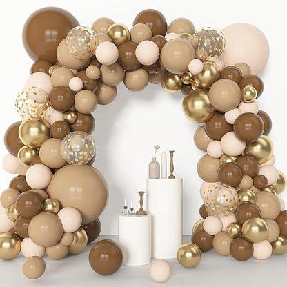 Amandir 153pcs Brown Balloon Garland Arch Kit, Different Sizes 18 12 10 5 inch Brown Nude Latex Metallic Confetti Gold Balloons for Neutral Bear Baby Shower Safari Birthday Party Decorations Supplies