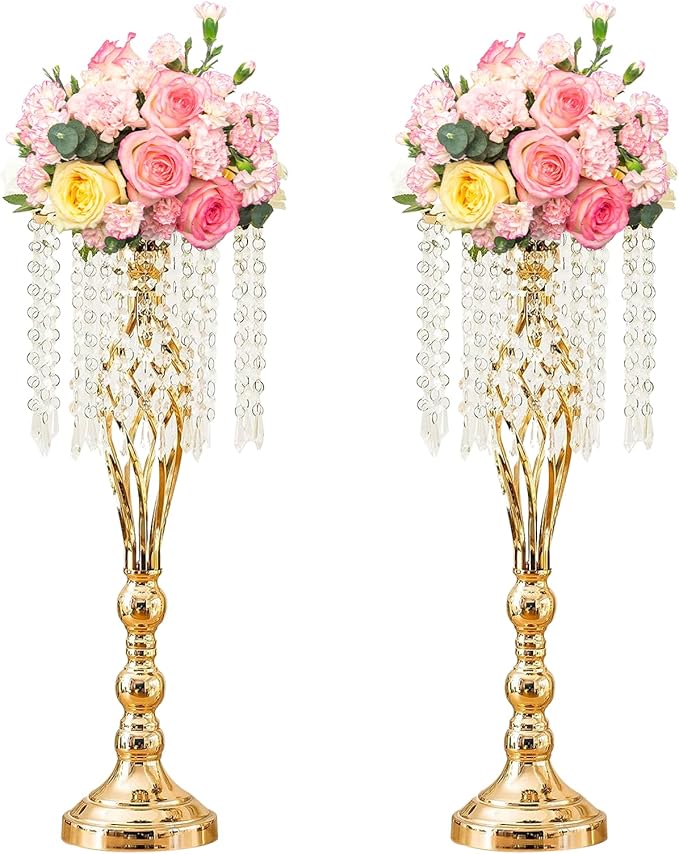 2 Pcs 21.7 Inch Gold Crystal Flower Stand Wedding Centerpieces for Table, Tall Metal Flower Arrangement Stand with Metal Chandelier Tabletop for Event, Birthday, Home Decor