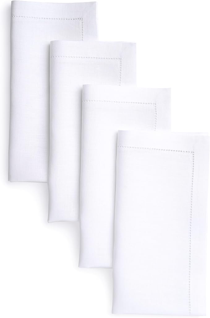 D'Moksha Homes White Linen Napkins Set of 4 - Classic Hemstitch 100% Pure Linen Hemstitch Dinner Napkins 20 x 20 Inch for Winter, Christmas, Holiday - Handcrafted and Machine Washable