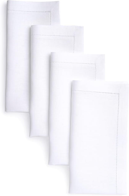 D'Moksha Homes White Linen Napkins Set of 4 - Classic Hemstitch 100% Pure Linen Hemstitch Dinner Napkins 20 x 20 Inch for Winter, Christmas, Holiday - Handcrafted and Machine Washable
