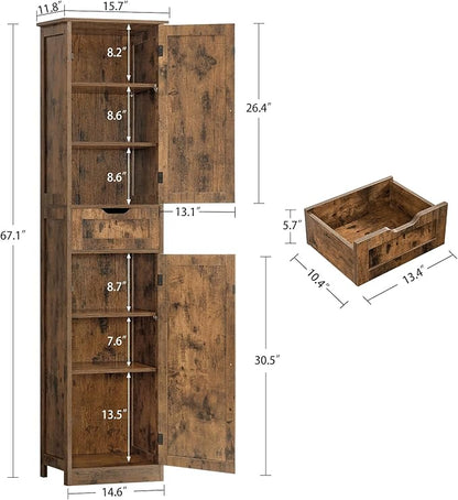 Iwell 67" Tall Storage Cabinet, Bathroom Cabinet with Drawer & Adjustable Shelves, Narrow Storage Cabinet, Floor Cabinet for Living Room, Home Office, Rustic Brown