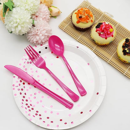 150 Pcs Hot Pink Plastic Silverware Hot Pink Plastic Utensils Heavy Duty - 50 Forks, 50 Knives, 50 Spoons for Birthday Bachelorette Wedding Bridal Shower