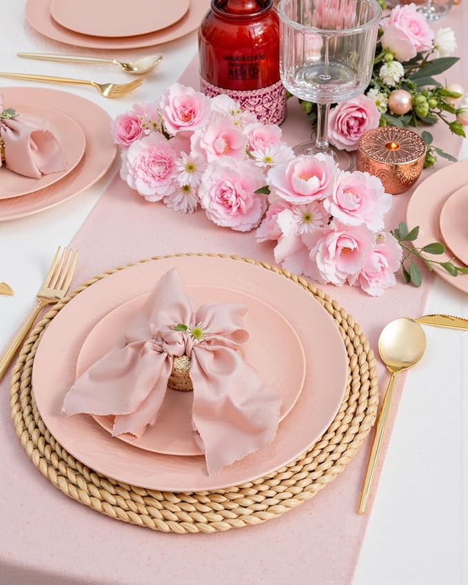 WONDERFUL 32pcs Pink Plastic Plates - Unbreakable and Reusable Pink Plates Dishwasher safe Dishes Set Includes:16 Dinner Plate 10" and 16 Dessert Plate 7.3" for Wedding Thanksgiving Christmas
