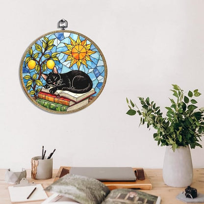 Cute Cat Decor Cat Stuff Accessories Book Lovers Gifts Reading Gifts Framed Round Wall Decor Canvas Wall Art Hanging Prints Artwork for Home Door Bedroom Living Room Decorations 10.2X10.2 Inch
