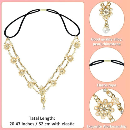 Head Chain Jewelry Headband Crystal Bohemian Hair Accessories with Peal Women Head Chains Forehead Chain Rhinestone Headpieces with Drop Pendant