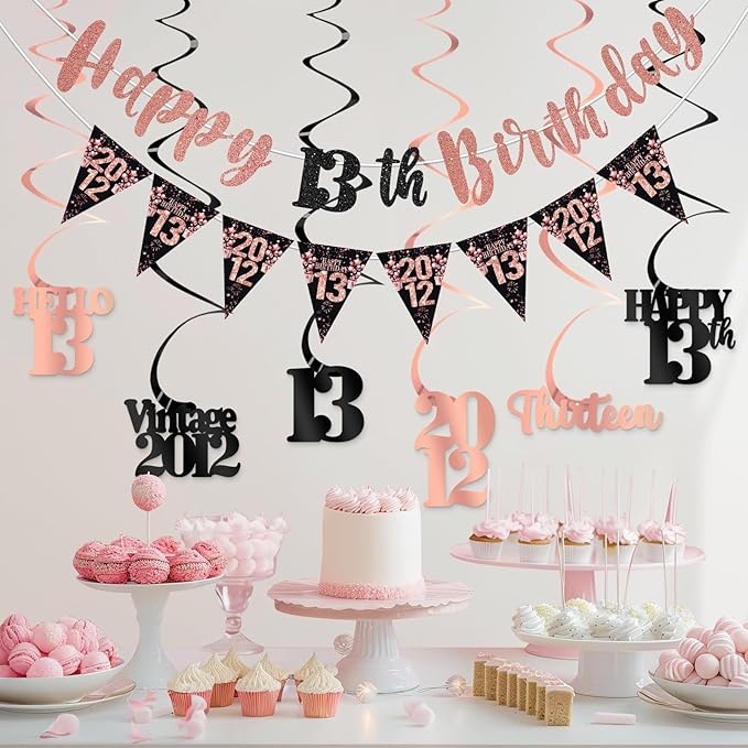 13th Birthday Decorations for Girls, Black Rose Gold Happy 13th Birthday Banner Hanging Swirls Vintage 2012 Birthday Decorations Kit Hello 13 Party Supplies