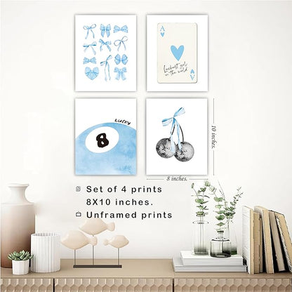 okaxscm Blue Coquette Trendy Preppy Wall Art Prints Set of 4, Coquette Room Decor, Preppy Room Decor Aesthetic, Blue Bow Disco 8 Ball Cherry Wall Decor Posters for Girls Bedroom Dorm, 8x10 Unframed