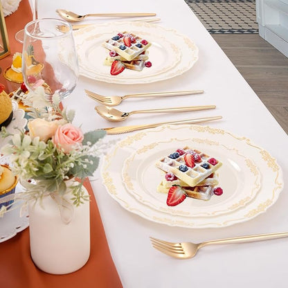 U-QE 100 PCS Ivory Christmas Plastic Plates with Gold Rim - Gold Plastic Plates for Christmas - Heavy Duty Disposable Use Including 50 10 '' & 50 7.5 ''