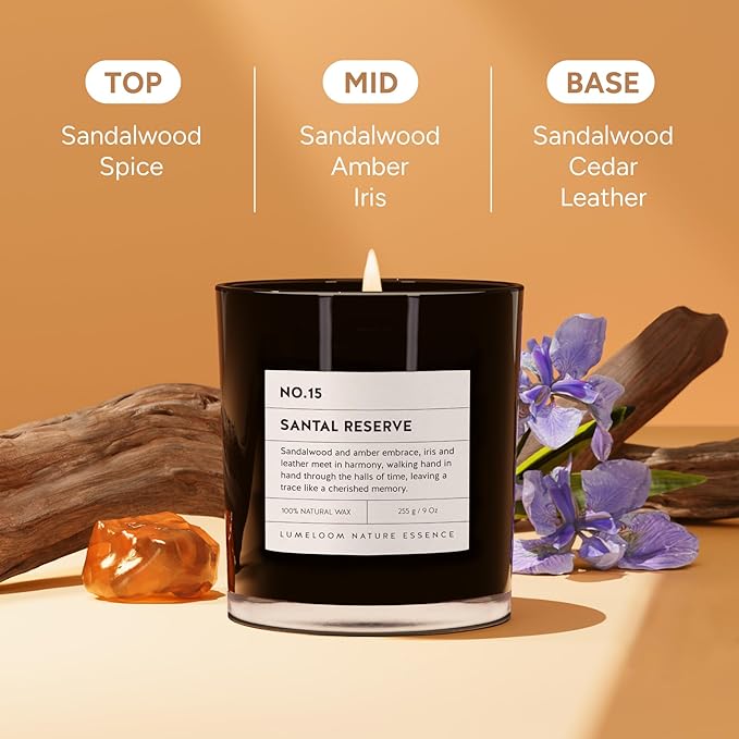 Santal Reserve Luxury Scented Candles, 9oz Soy Wax Candles for Home Scented, Sandalwood, Amber, Iris & Leather Scent, Long Burning Time, Gifts for Christmas, Women, Men, Sister, Teacher