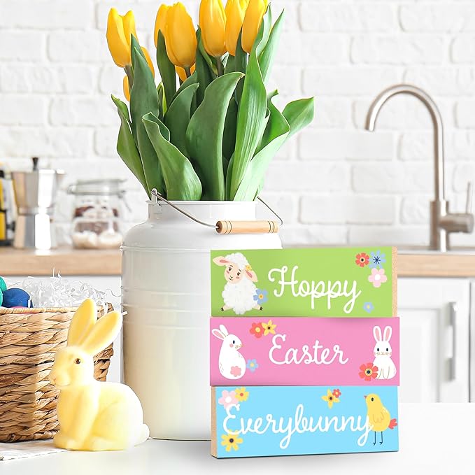 Hoppy Easter Everybunny Wooden Block Sign Set - 3pc Easter Tiered Tray Decor, Spring Tabletop Decorations, Bunny & Chick Signs for Mantel, Shelf, Home Accents