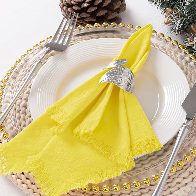 12 Pack Lemon Yellow Cotton Linen Napkins with Fringe Christmas Cloth Napkins Set of 12 Boho Handmade Holiday Napkins Bulk for Wedding Baby Shower Xmas Dinner Table Parties, 17 x 17 Inches