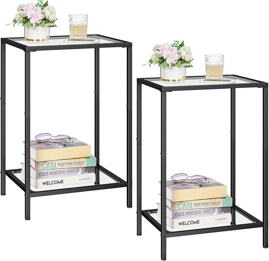 Side Tables Set of 2, End Tables with Tempered Glass, 2-Tier Nightstands with Storage Shelves, Coffee Table with Modern Style, Slim Sofa Table for Living Room, Bedroom, 11.8" D x 15" W, Black