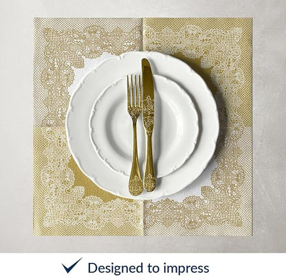 PAW - 50 Pieces Linen-Feel Paper Napkins 16" x 16", Disposable Cloth-Like Napkins with Reverse Gold Lace Design, Dinner Napkins for Party, Wedding, Christmas