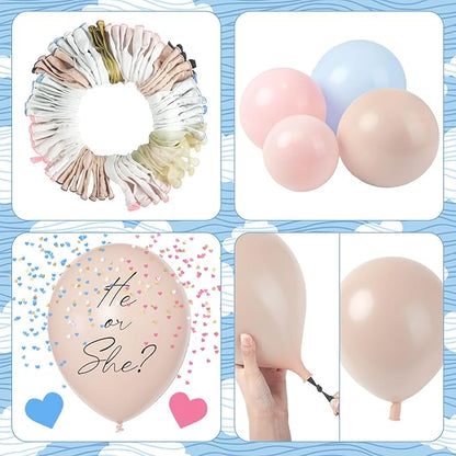 Amandir 185Pcs Gender Reveal Decorations, Double-Stuffed Pastel Pink and Blue Brown Nude Balloon Arch Kit White Cloud Hanging Moon Star Garland Boho Neutral Boy or Girl Bear Baby Shower Party Supplies