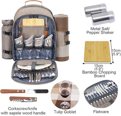 Sunflora Picnic Backpack for 4 Person with Blanket Picnic Basket Set for 2 with Insulated Cooler Wine Pouch for Family Couples (Brush Beige)