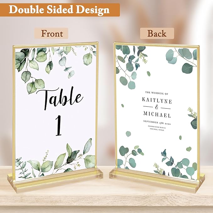 Floroom 6 Pack 5x7 Inch Clear Acrylic Sign Holders, Double-Sided Gold Display Stand Picture Frames for Table Numbers, Menus, Flyers, Weddings, and Offices