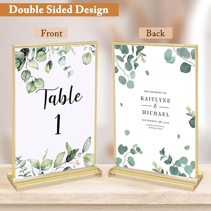 Floroom 6 Pack 5x7 Inch Clear Acrylic Sign Holders, Double-Sided Gold Display Stand Picture Frames for Table Numbers, Menus, Flyers, Weddings, and Offices