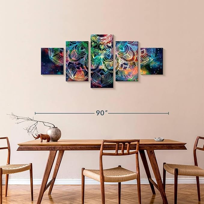 ElephantStock - Celestial Mandala Wall Art - Horizontal Multi Panel Canvas - 5 Piece Living Room Wall Decor - Digital Art Elements Multi Piece Wall Art - Turquoise And Blue Decor - 80" x 36"