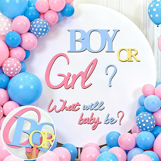 Large Wooden Boy or Girl Signs Gender Reveal Party Decoration Ideas Decals for Balloon Arch Oh Baby Shower Letters Sign He or She What Will Baby Be Stickers for Backdrop Pregnancy Banner Photo Props