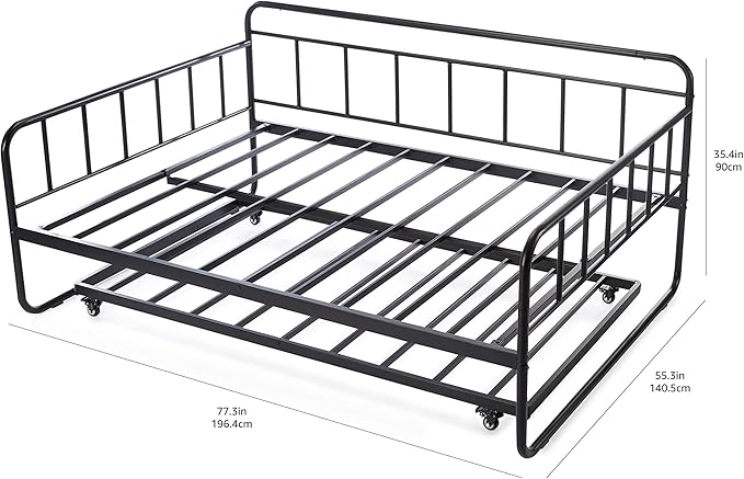 Amazon Basics Full Size Daybed and Twin Size Trundle Bed Frame Set, Space Saving Steel Slat Support, Sturdy Metal Design, Easy Assembly, Black