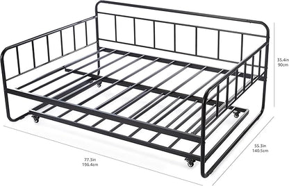 Amazon Basics Full Size Daybed and Twin Size Trundle Bed Frame Set, Space Saving Steel Slat Support, Sturdy Metal Design, Easy Assembly, Black