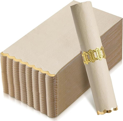 50 Beige Paper Napkins Decorative, Gold Foil Scalloped Edged Guest Napkins Disposable, Dinner Napkins for Wedding, Shower Baby, Birthday Parties Supplies(4 x 8 In, Beige)