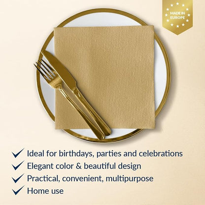 PAW - 50 Pieces Airlaid Paper Linen-Feel Napkins 16" x 16", Monocolor Disposable Cloth-Like Napkins, Elegant Gold Dinner Napkins for Kitchen, Party, Wedding, Gatherings, Christmas