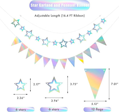 CANREVEL 3 PCS Iridescent Happy Birthday Banners, Hanging Star Garland and Pennant Banner Flags, Sparkling Iridescent Party Decorations, Iridescent Party Supplies for Women Men Girls Boys Adults