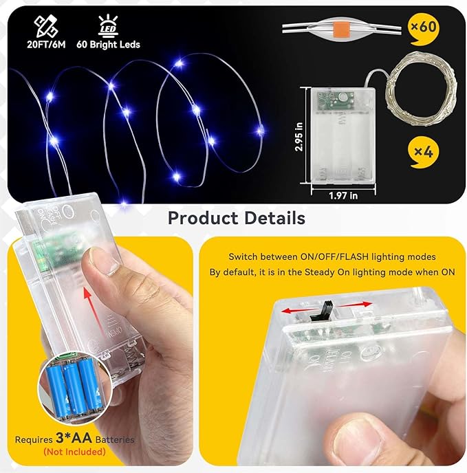 4 Pack 240LED Christmas Fairy Lights Battery Operated - 20FT Twinkle Lights with 2 Lighting Modes Indoor Outdoor, Waterproof Led Fairy String Lights for Bedroom, Classroom, Dorm, DIY Decor, Blue