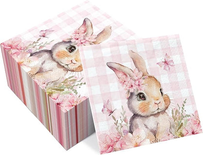 Cute Pink Bunny Paper Napkins, 50 Pcs, 3-Ply, 6.5 x 6.5 Inch, Disposable Rabbit Cocktail Napkins for Decoupage, Spring Holiday, Dinner Party, Wedding, Baby Shower, Birthday Party Decorations