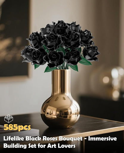 Black Roses Flower Bouquet Building Blocks Set, Botanical Collection Artificial Flowers Compatible with Lego Flowers, Christmas Decorations Gift for Adults Teens