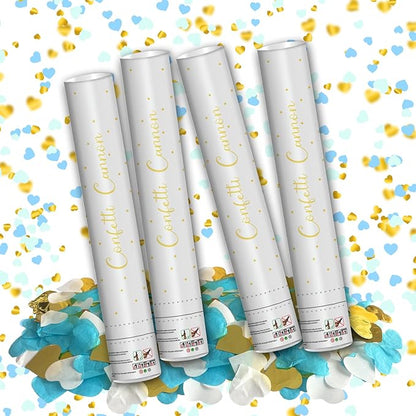 16" Confetti Cannons with Blue & Gold Heart Filling - Party Poppers for Gender Reveal Baby Shower Bridal Shower Valentine Wedding Anniversary - Easy to Use - Pack of 4