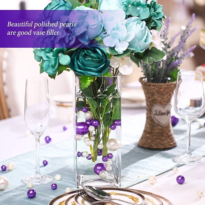 Hicarer 120 Pieces Pearl for Vase Filler Pearl Bead Vase Centerpieces Brush Holder Assorted Round Faux Bead for Crafting, Home Wedding Table Decor 14/20/30 mm(Creamy White, Purple)