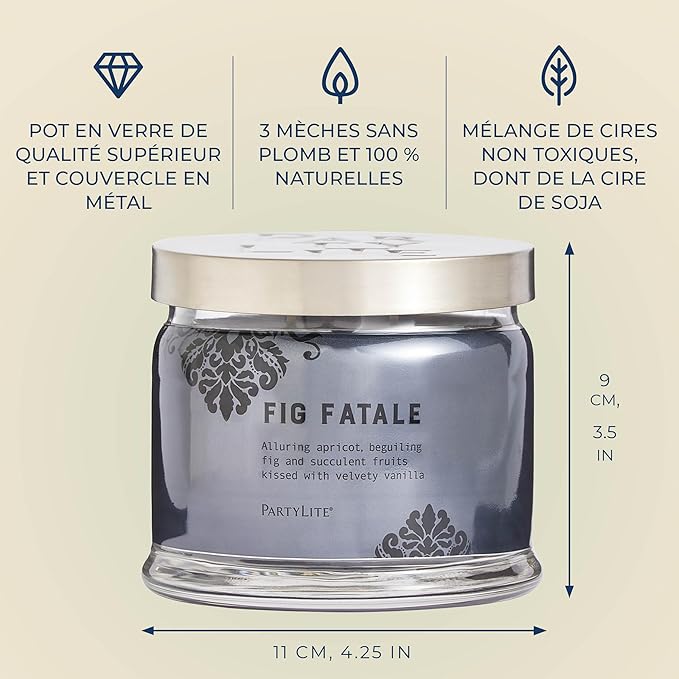 PartyLite Fig Fatale Scented, Notes of Apricot, Green Fig, Peach, Mango, Strawberry and Vanilla,13.2oz 3-Wick Jar Candle, 45 Hour Burn Time, Luxurious Fragrance, Perfect for Gifting